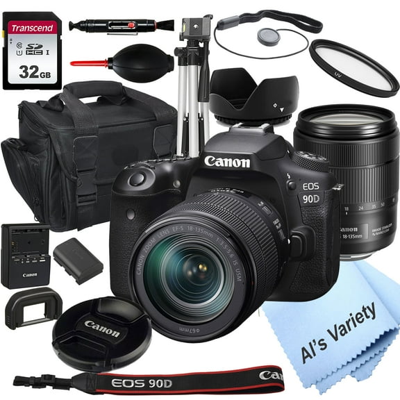 Canon EOS 90D DSLR Camera with 18-135mm USM Lens 32GB Card, Tripod, Case, and More (18pc Bundle) (International Version)