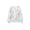 thumbnail image 3 of Blotona Women Button Down Ruffle Chiffon Shirt Solid Color Letter Butterfly Plant Print V-neck Long Sleeve Blouse Casual Classic T-Shirt Boho Tops, 3 of 10