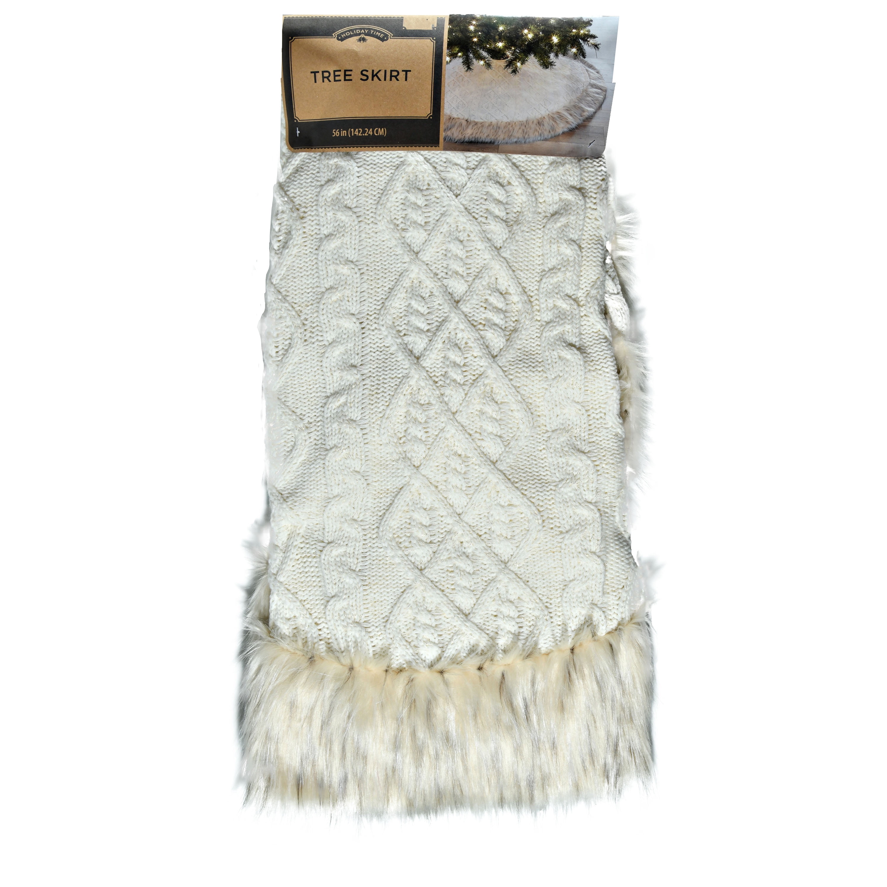 Holiday Time Cream Classic Cable Knit with Faux Leopard Fur 56"Dia Tree