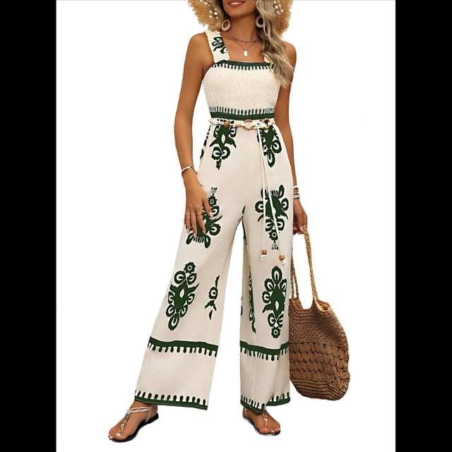 Mono Informal de una Pieza para Mujer, Estilo Bohemio, para Verano, con Tirantes Fruncidos, Pierna , Pantalones Largos y Bolsillos Verde XL