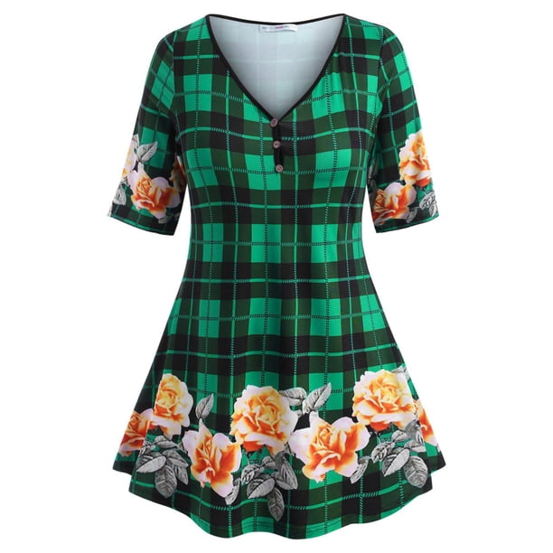 Floral a cuadros Mock botones más Tamaño de superficie Rosegal Camisetas tallas grandes