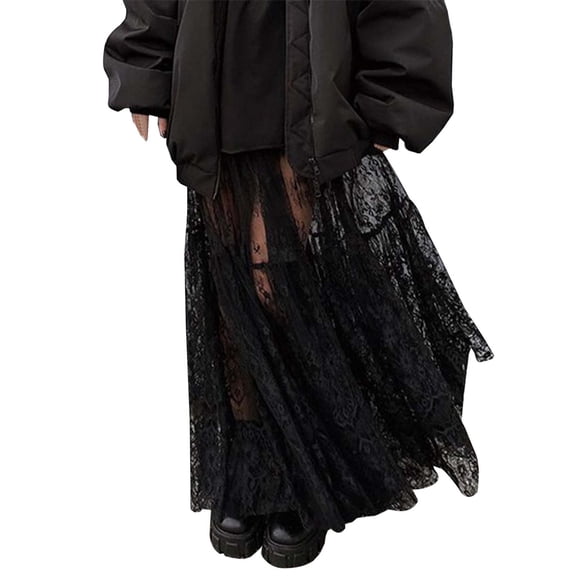 Wdgfv Women's Floral Lace Sheer Skirt High Waisted A Line Midi Skirts Beach Cover-ups Mesh Streetwear Skirts
