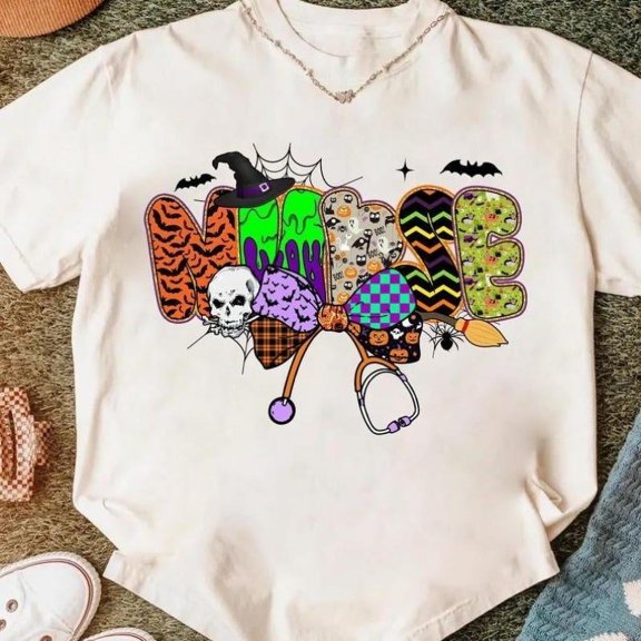 Nurse Halloween T-Shirt Graphic Tee Spooky Top Cute Pumpkin Nursing Gift Design White S-5XL
