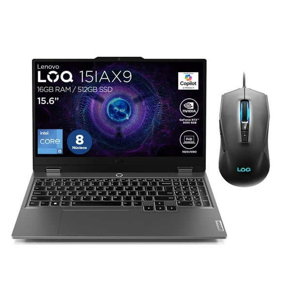 Laptop Lenovo LOQ 15IAX9 NVIDIA GeForce RTX 3050 CI5 Gen 12th 16GB 512GB Gris + Mouse