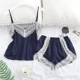 thumbnail image 2 of Women's Lace Trim Satin Sleepwear Cami Top and Shorts Pajama Sets, Navy blue, 2 of 5