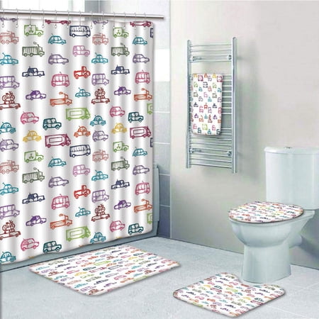 Erehome Cars Various Types Of Vehicles Bus Truck Garbage Truck Sports Car Vibrant Colored 5 Piece Bathroom Set Shower Curtain Bath Towel Bath Rug Contour Mat And Toilet Lid Cover Walmart Canada