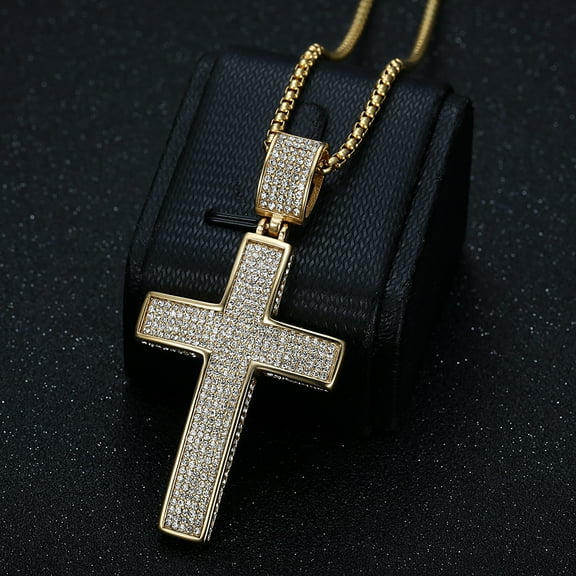 Iced Out Chain Big Cross Pendant Necklace 14K Yellow Gold CZ Cross Necklaces Bling Cubic Zircon Men's Hip Hop Jewelry