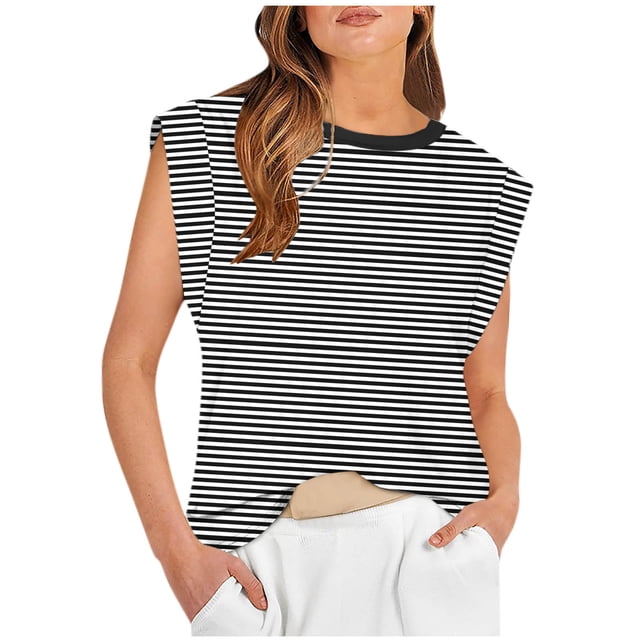 T-shirts d'Été pour Femmes Manches Courtes Mode Rayé Col Rond Débardeurs Décontractés Coupe Ample T-shirts (m, Noir)