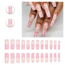 RAGUPEL 24Pcs Glue on Nails for Women,Rhinestone-Studded Square Press on Nails,White Flower Pattern Stick on Nails,Press on Nails Long for Dating,Party,Taking Pictures,Daily Life,Style3