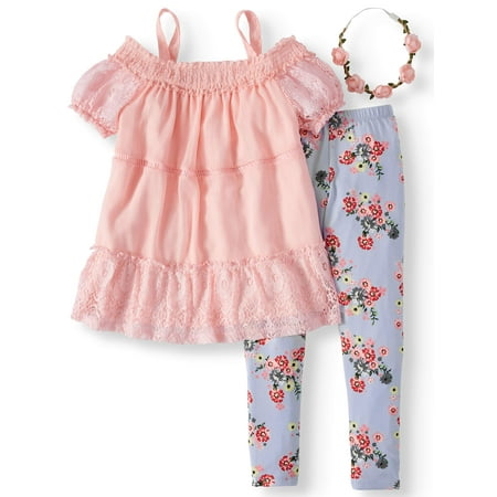 Smocked Cold Shoulder Tunic and Floral Legging, 2-Piece Outfit Set with Headband (Little Girls & Big