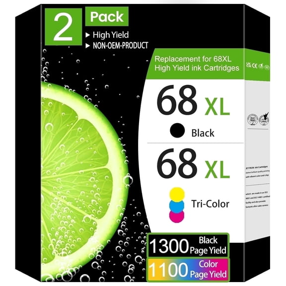 68XL 68e Ink Cartridges Black Color Combo Pack for 68XL Ink Cartridges Replacement for Ink 68 Black and Tri-Color Works Envy 6100e 6500e Series 2-Pack
