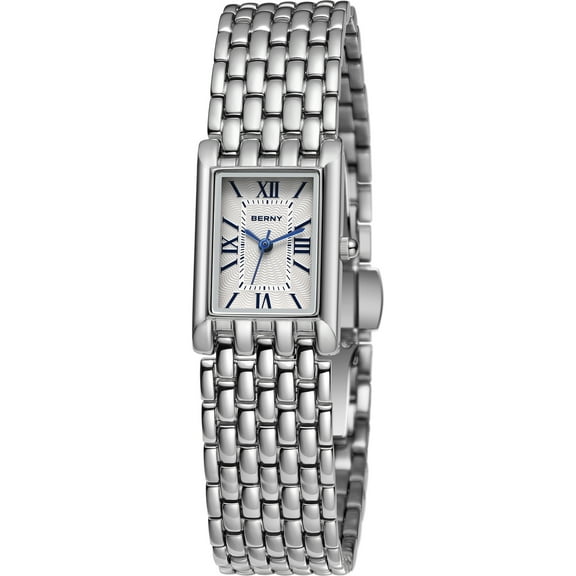 BERNY Silver Watches for Women, Dainty Vintage Rectangular Case Roman Dial, Small Stainless Steel Bracelet Watch, Adjustment Tool Included, Waterproof, Luxury Womens Sliver Watch Gifts (White)
