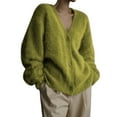 thumbnail image 2 of Fuzzy Cardigan Sweaters for Women V Neck Button Down Soft Knit Sweater Long Sleeve Cardigan Sweater Coat Olive Green M, 2 of 8