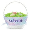 Personalized Planet Mermaid Liner with Custom Name Printed in Purple Letters on White Woven Spring Easter Basket with Collapsible Handle for Egg Hunt or Book Toy Storage