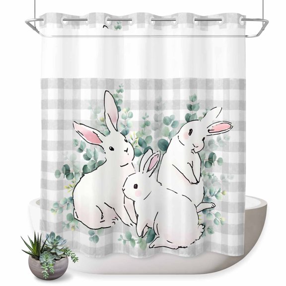 No Hook Shower Curtain, Easter Bunny Shower Curtains for Bathroom with See Through Top Window, Eucalyptus Leaves Rabbits Country Grey Plaid Waterproof & Washable Bath Curtain 66"x72"