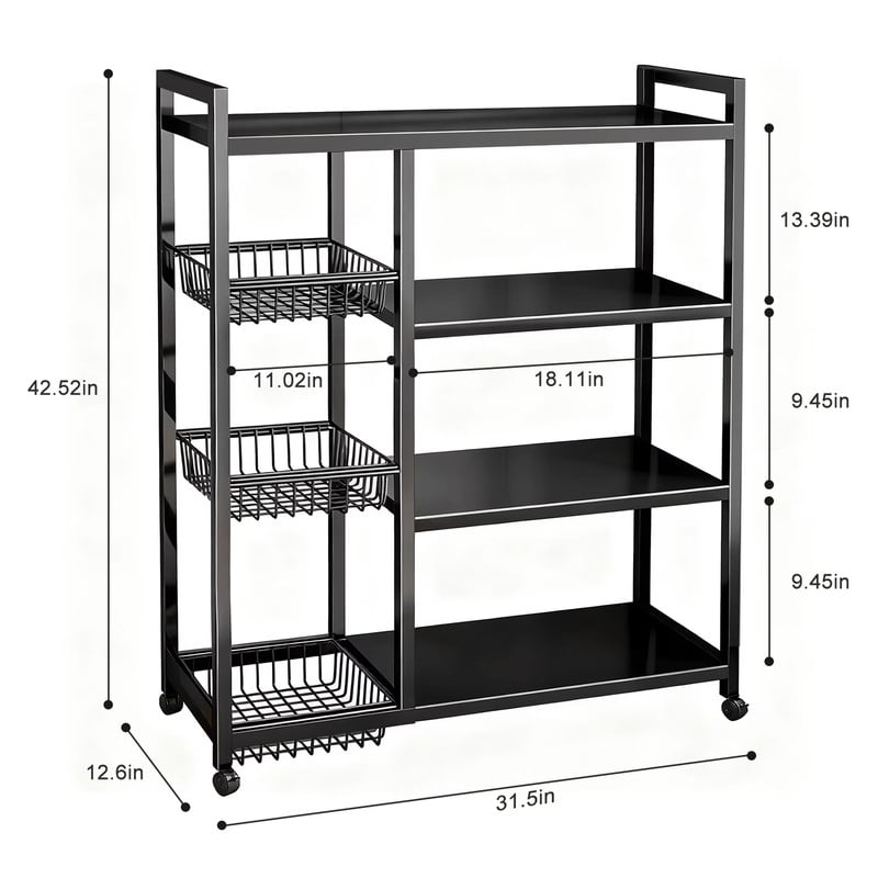 Howcool Movable Kitchen Rack w/ Wheels, Heavy-Duty 4-Tier Storage Cart w/ 3 Mesh Baskets , Metal Shelf Organizer