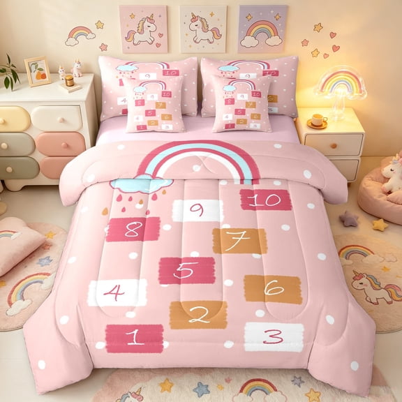 Manfei Hopscotch Number Twin Bedding, Rainbow Cloud Bedding Comforter Set, Pink, Pink Reversible, 7 Pieces