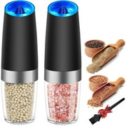 Electric Salt and Pepper Grinder Set, Gravity Sensor, Automatic Pepper Mill, One Hand Operation, Battery-Operated with Adjustable Coarseness, Blue Led Light, Black, 2 Pack