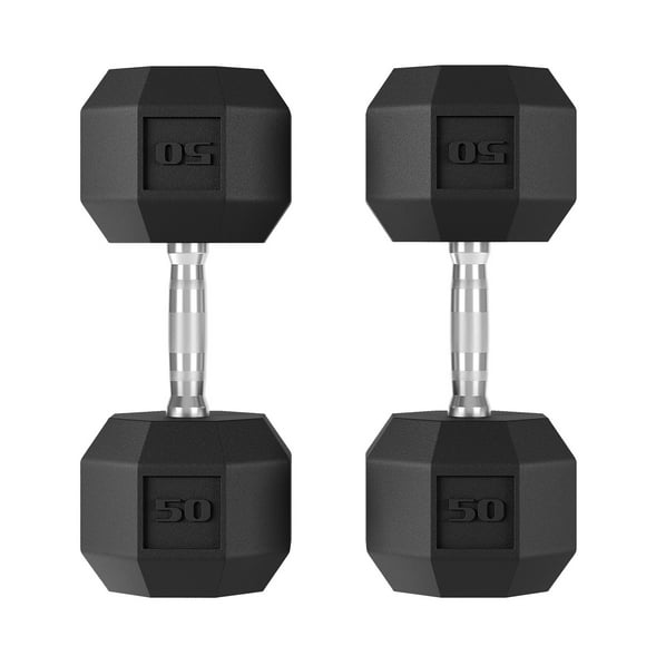 50 lb Cast Iron Hex Dumbbell Set of 2 Rubber Coated, Carbon Steel Handle Hand Weights, Anti Slip Grip for Home Gym Strength Training Full Body, Black