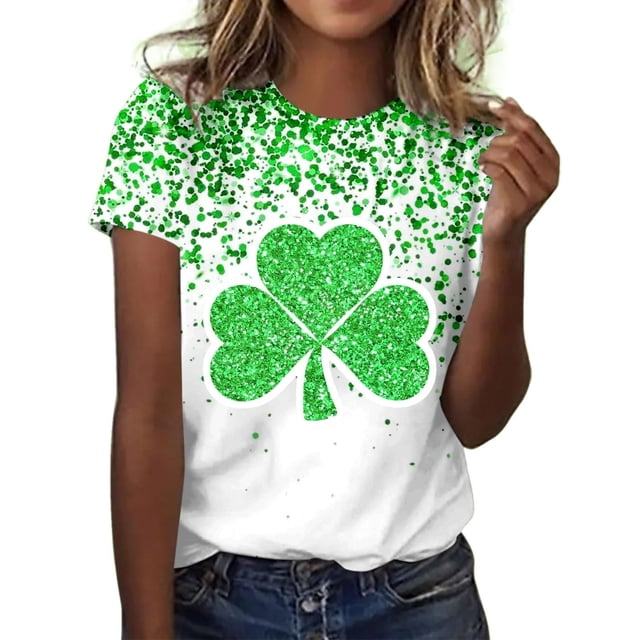 FAIWAD T-Shirts pour Femmes Grande Taille Jour de la Saint-Patrick Chemise Verte Décontractée Col Rond Trèfle Graphique