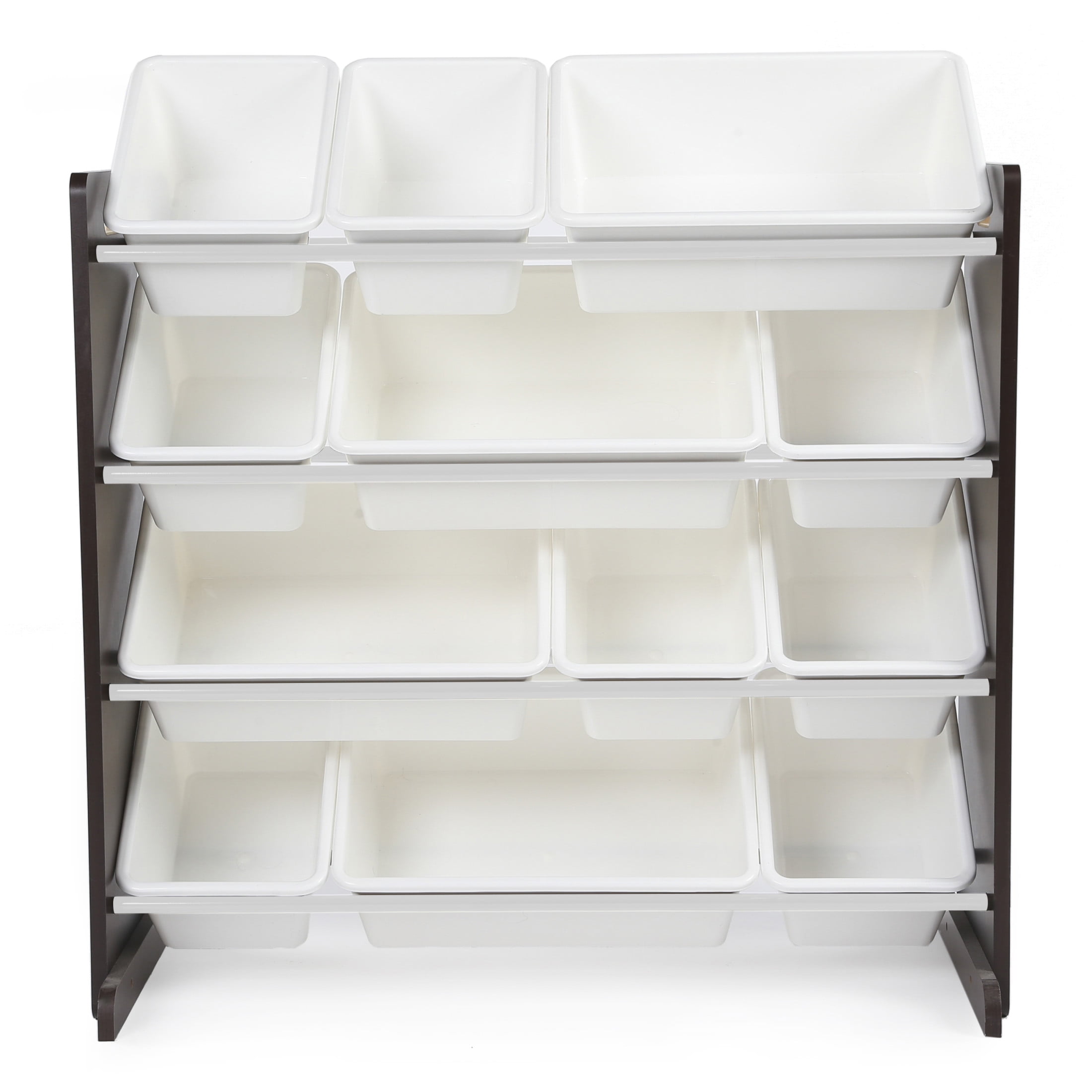 Humble Crew Espresso Toy Storage Organizer with 12 Plastic Storage Bins, Espresso/White