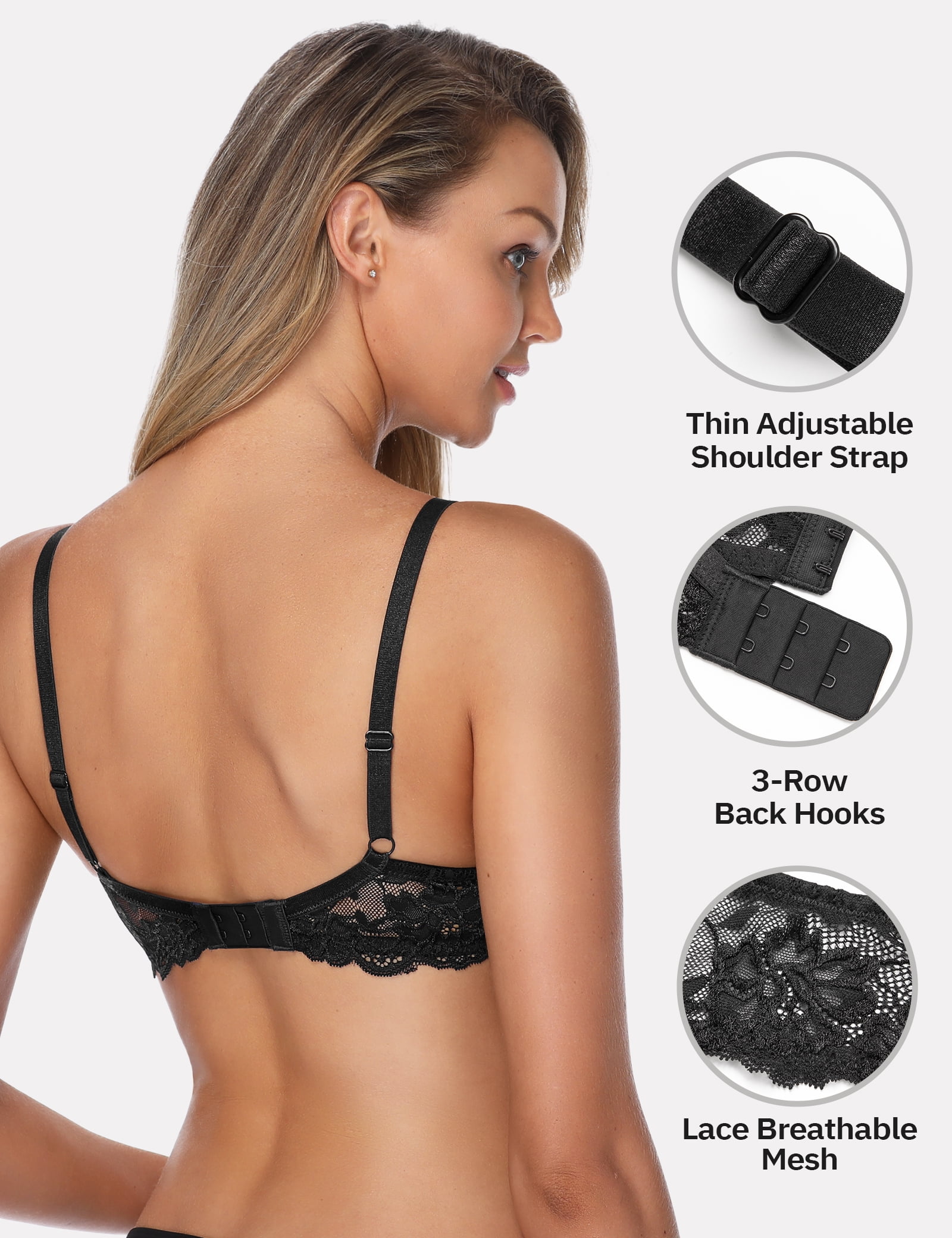 Wingslove Women's Push Up Sexy Lace Padded Plunge Underwire Lift Up Bras Add 1 Cup Boost Brassiere,Black 40B