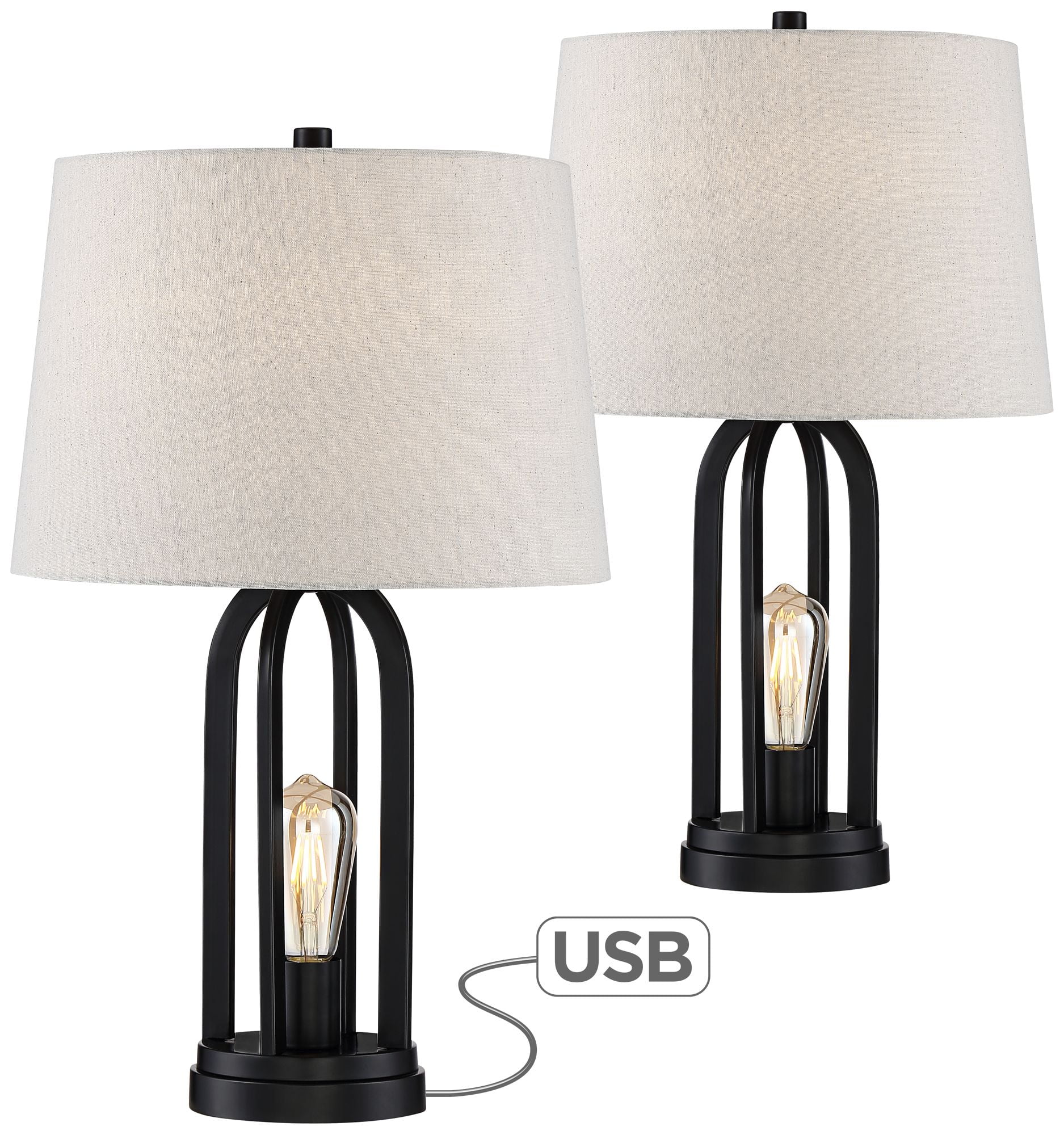 360 Lighting Modern Industrial Table Lamps Set Of 2 With Nightlight Led Usb Port Black Linen Shade For Living Room Bedroom Walmart Com Walmart Com