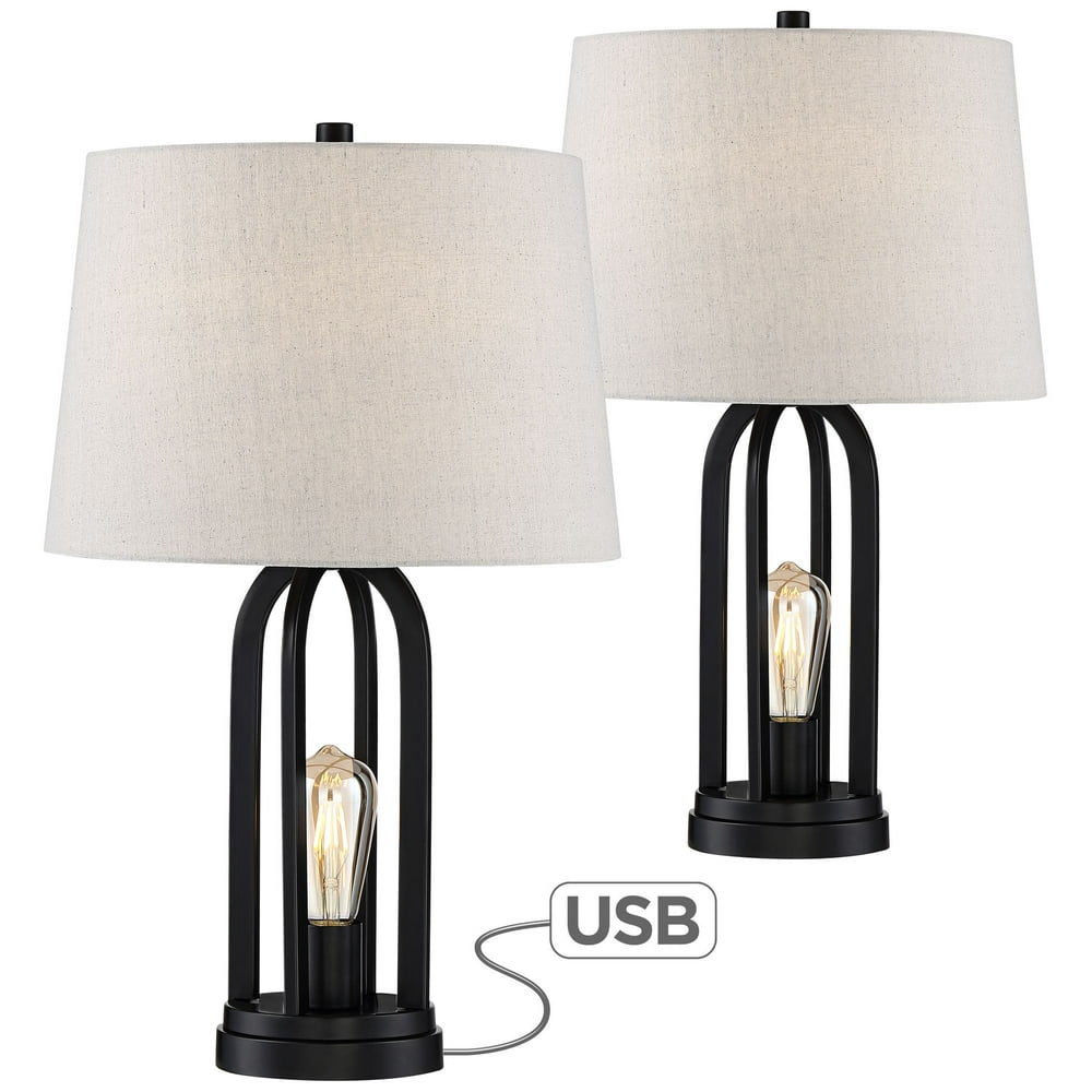 360 Lighting Modern Industrial Table Lamps Set of 2 with Nightlight LED USB Port Black Linen