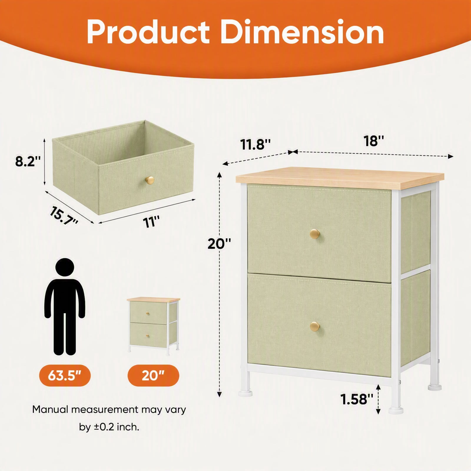 Telyra Fabric Nightstand with 2 Drawers 20" Bedside Table with Wood Top and Steel Frame Small Storage Organizer, Light Green