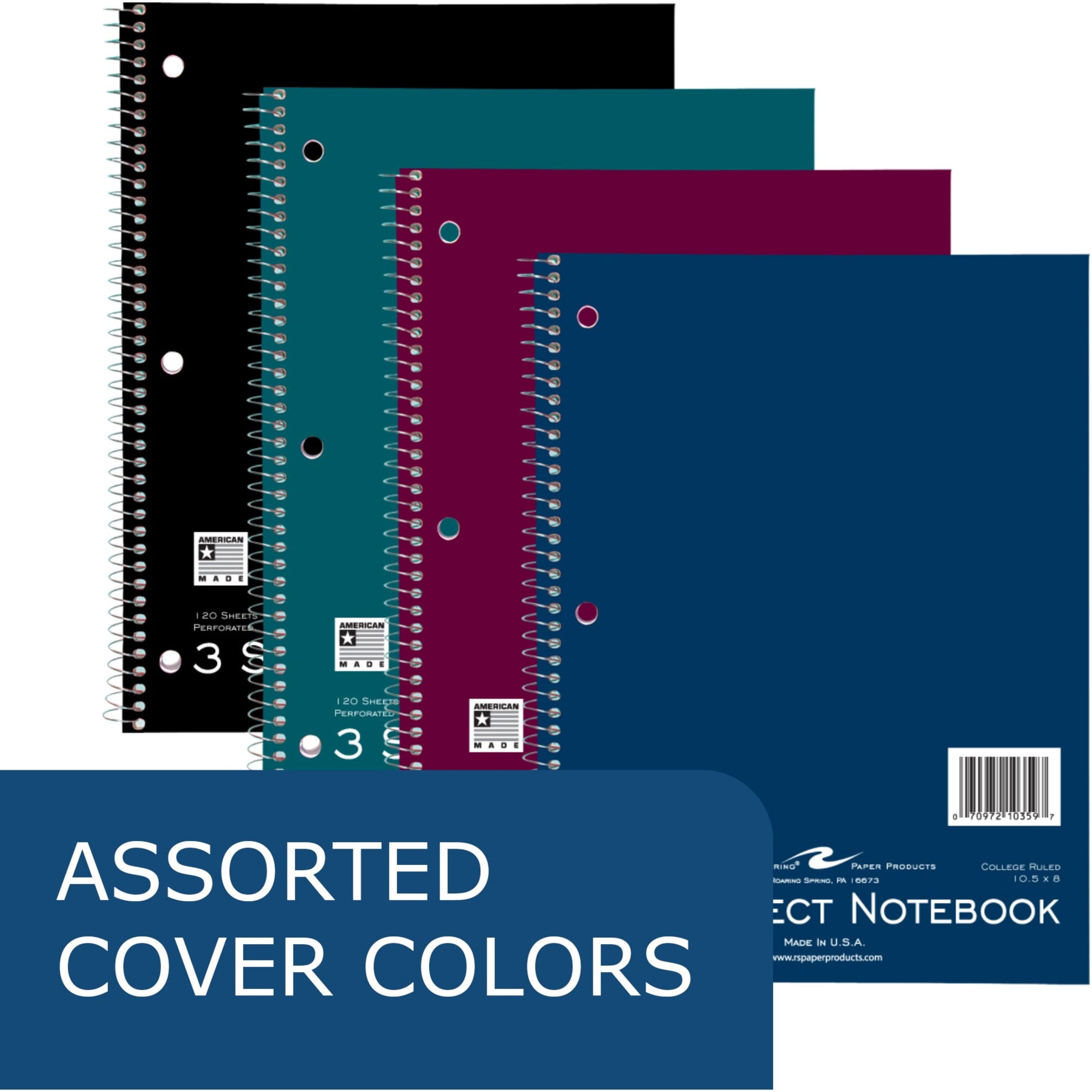 Roaring Spring College Ruled Three Subject Spiral Notebook, 3 Hole Punched, 1 Case (24 Total), 10.5" x 8" 120 Sheets, Assorted Jewel Tone Colors