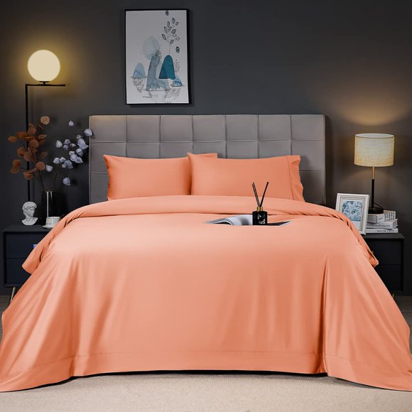 Shilucheng Cooling Breathable Bamboo Bed Sheets Set - King Size,1800 Thread Count Super Silky Soft with 16 Inch Deep Pocket, Machine Washable, 4 Piece (King,Coral)