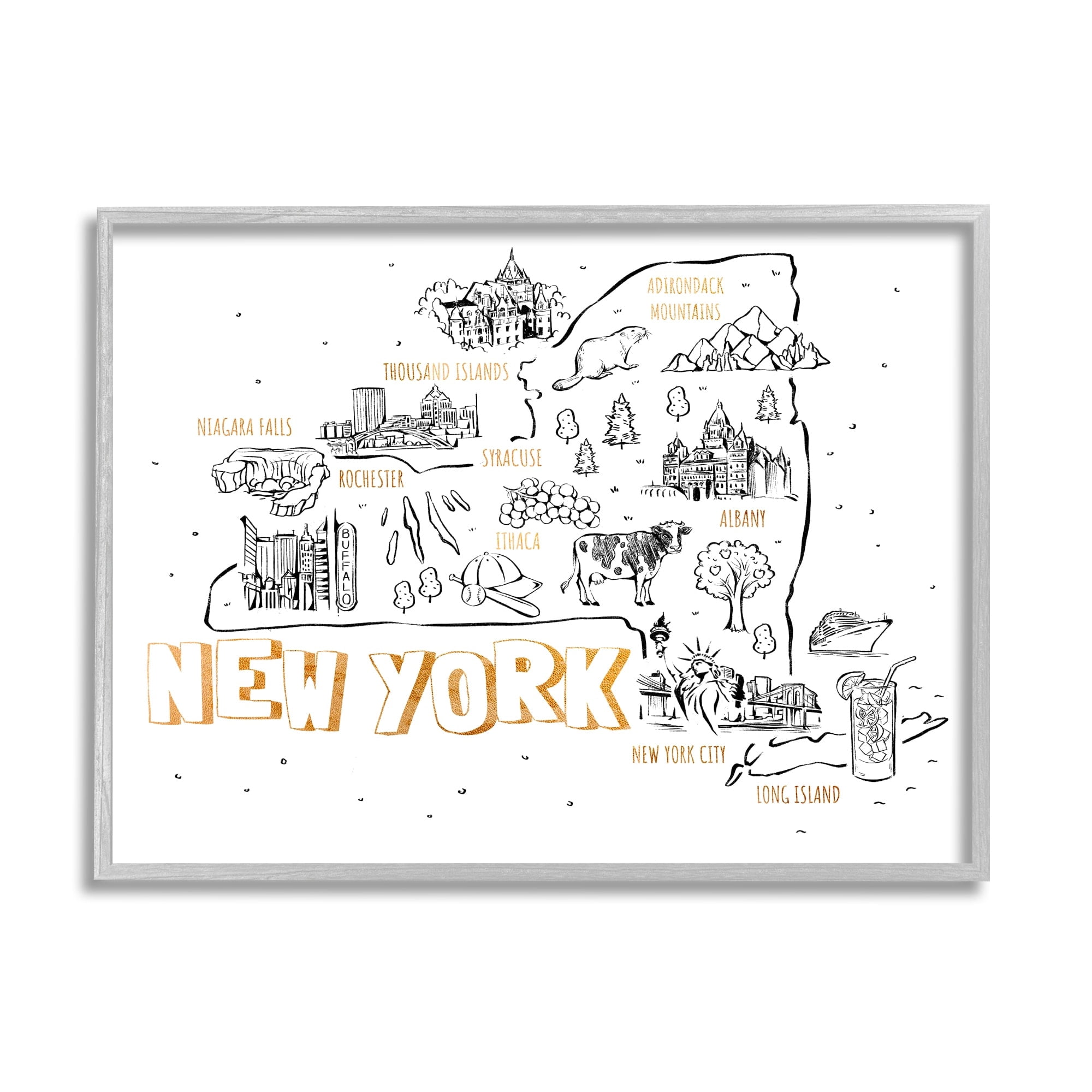 Stupell Industries New York Landmarks Text Diagram Glam Accent Framed Wall Art, 20 x 16, Design by Ziwei Li