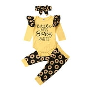 Binpure Infant Baby Girl Outfit Sunflower Long Slevee Romper Pants Headband  Set 0-18M