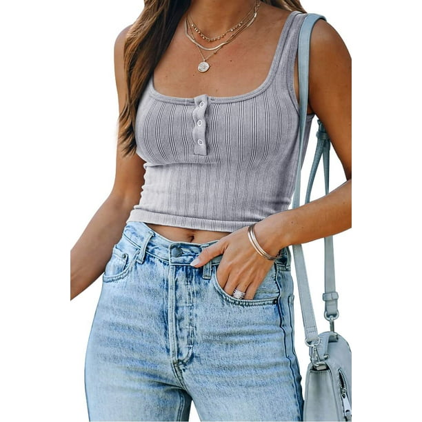 Womens Cute Summer Crop Top Teen Girls Square Neck Sexy Henley Sleeveless  Ribbed Trendy Cropped Tank，Gray，XXL 