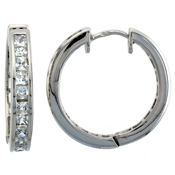 925 Sterling Silver Cubic Zirconia Channel Set Square Hoop Earrings 25mm