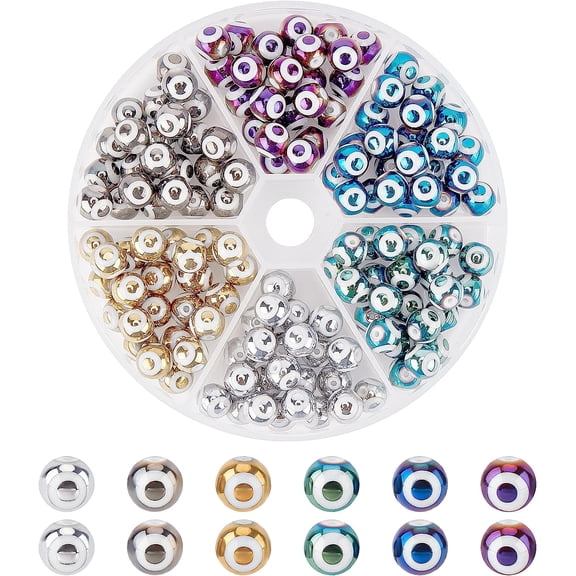 144 Pcs Evil Eye Beads 6 Colors 8x7.5mm Round Glass Spacer Blue Eyes Beads Electroplate Pattern Beads for DIY Bracelets Necklace Jewelry Making 1.2mm Hole