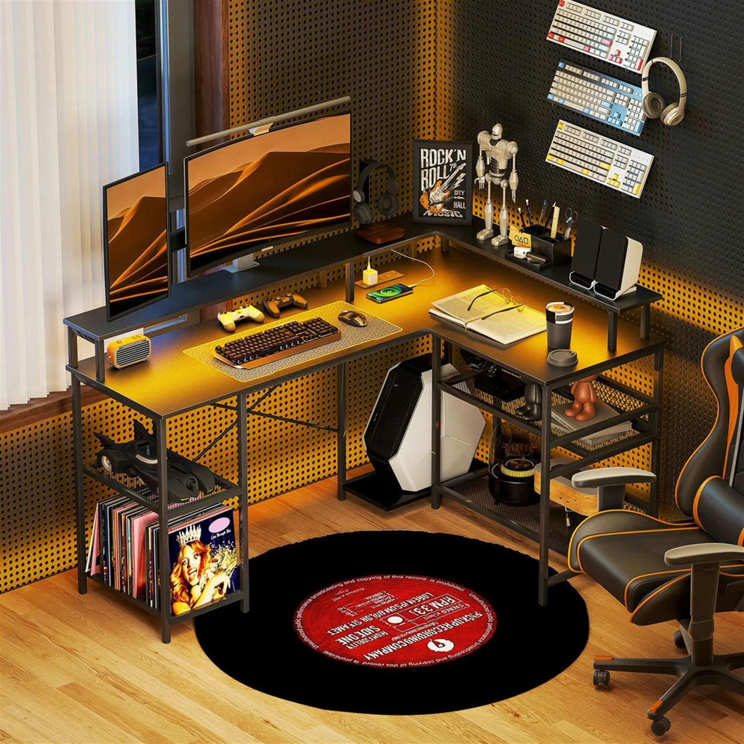 Demi Bonn 59" L Shaped Corner Office Desk with LED Lights and Power Outlets, Home Computer Desk for Living Room, Office, Study Writing Table PC Desks, Black