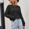 thumbnail image 4 of Women's Cable Knit Cropped Sweaters Loose Fit Long Sleeve Crewneck Knitted Pullover Crop Top Casual Sweatshirts (XL, Black), 4 of 6
