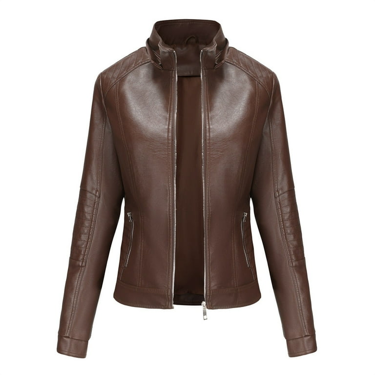 Olyvenn Womens Plus Size Faux Fur Women's Leather Standing Collar Slim Fitting Zipper Motorcycle Jacket Leather Jacket Brown 6, Size: Medium US(6)