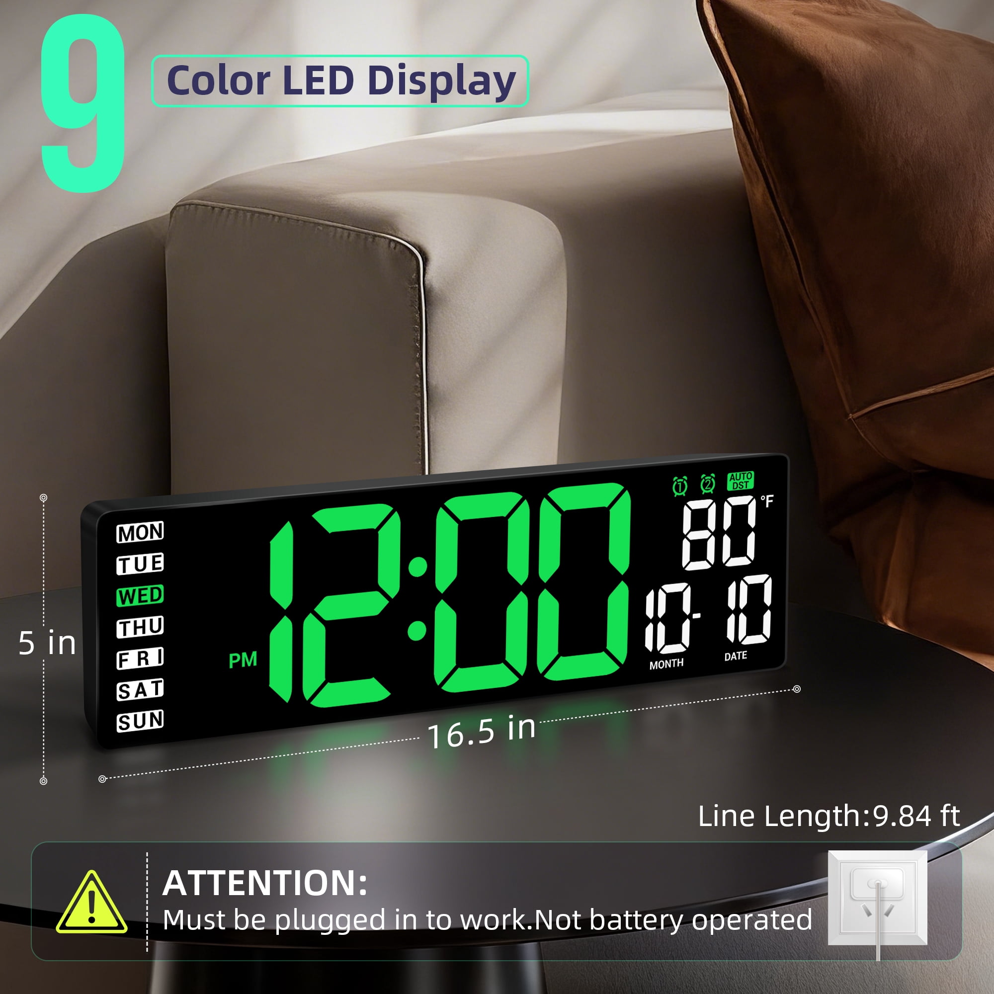 16.5" Large Digital Wall Clock with Remote Control, Auto-Dimming LED Display with Date Temp, Big Number Wall Mount Decor Clock for Seniors, Classroom, Dorm, Home, Office, Gym Green
