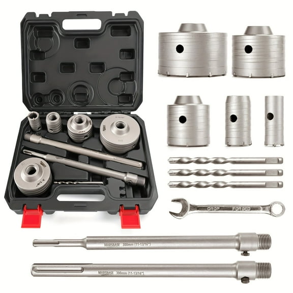 11pcs Concrete Masonry Hole Saw Kit - 30/40/65/80/100mm Sizes with Max Shank & SDS Plus, Diamond Carbide Hole Saw Set for Drilling Concrete, Brick, Cement & Stone Walls