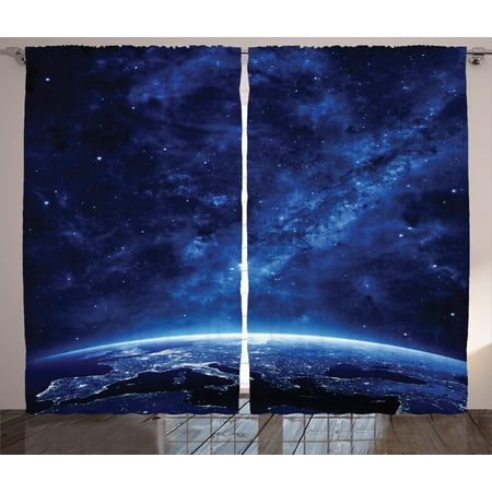 Space Curtains 2 Panels Set, Earth at Night from Deep Atmosphere Vibrant Milky Way Lights Starfield Ecliptic Scene, Window Drapes for Living Room Bedroom, 108W X 90L Inches, Dark Blue, by