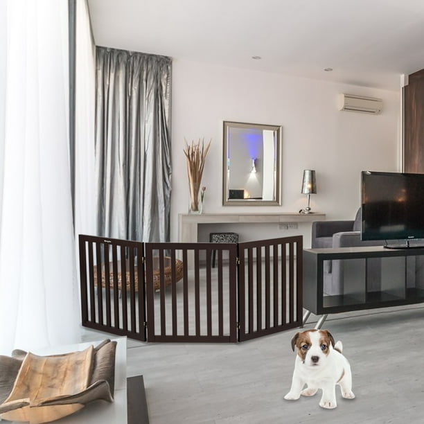 30" Freestanding Wooden Dog Gate, Foldable Three Panels Wood Pet Gate