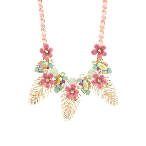 Betsey Johnson Palm Leaf Statement Necklace with Pink Flowers, Crystal Accents, Gold Tone