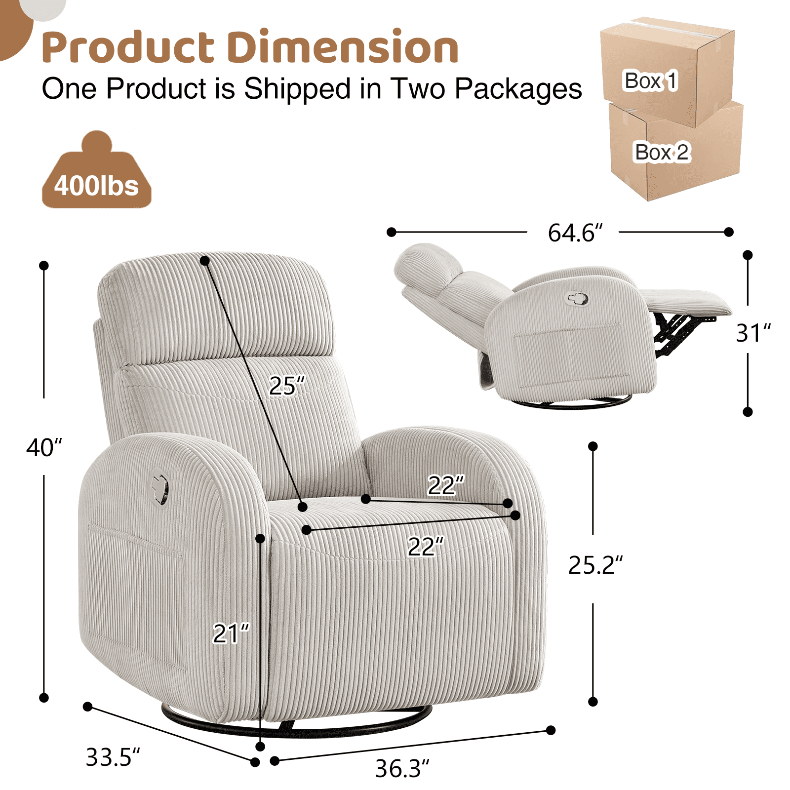 Aemeios Corduroy Swivel Rocker Glider Manual Recliner Nursery Rocking Chair with Double Pockets, Camel