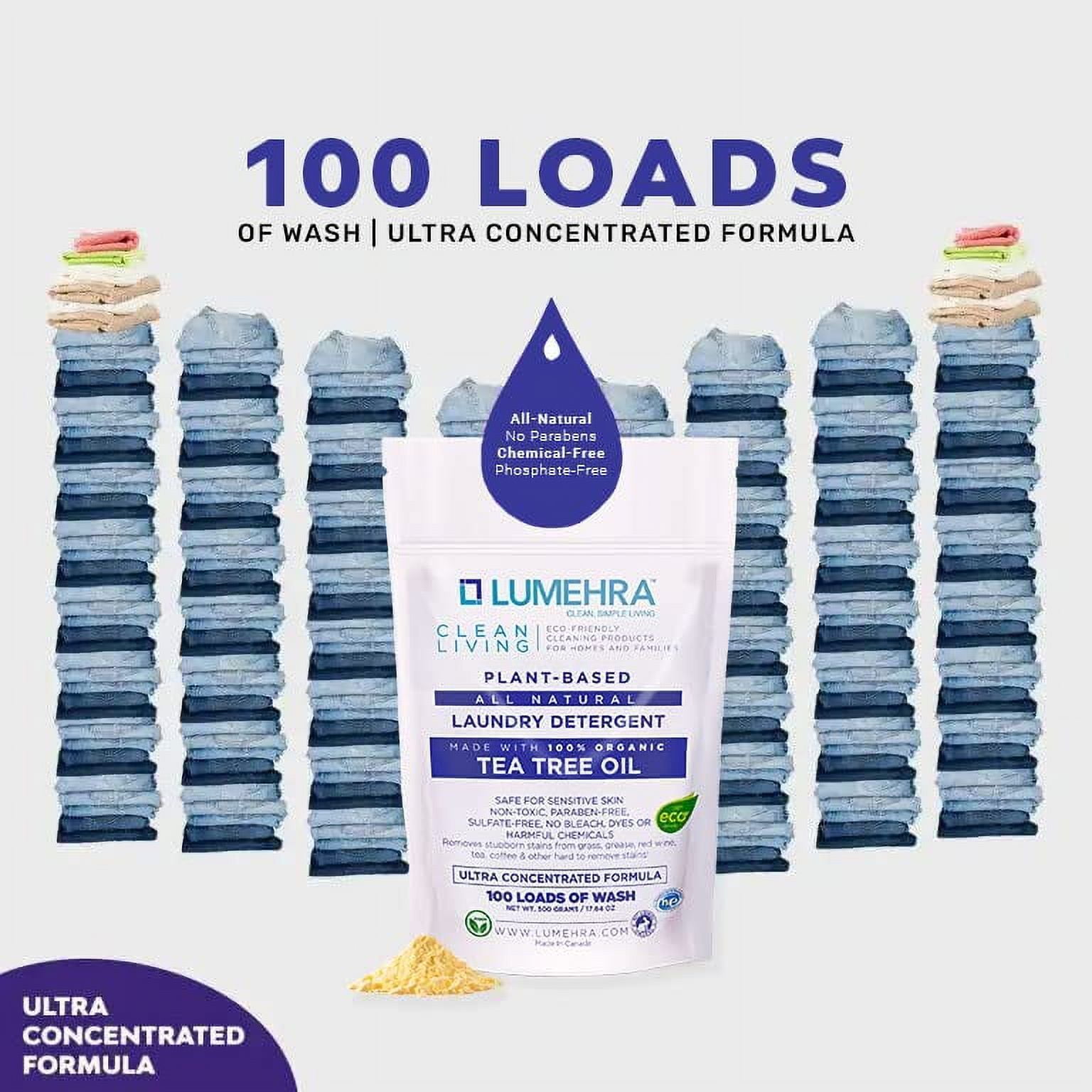 Lumehra's Laundry Detergent, Powder Biodegradable Safe for sensitive skin, Kids, Baby non toxic laundry detergent  Scent Tea Tree and Lemon Essential Oils 500 Grams 100 Loads Ultra Concentrated