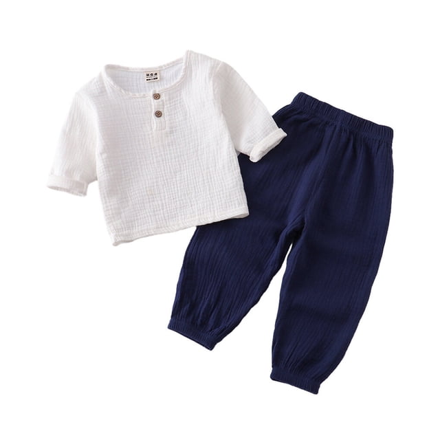 Spring Summer Children T-shirt Elastic Waist Trouser Set Long Sleeve Round Neck Tops Pants Kit Clothes Birthday Gift White Navy 110cm