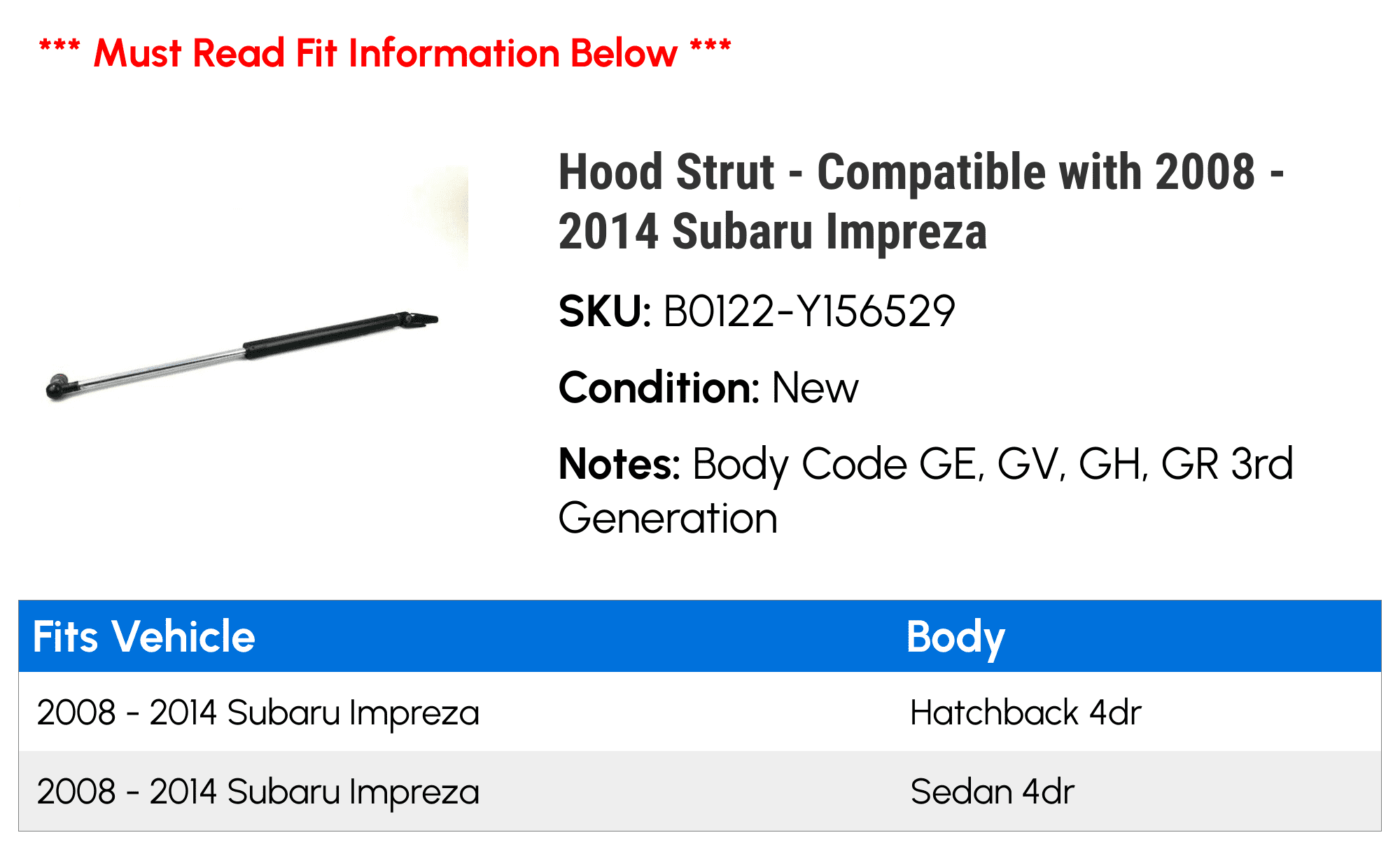 Hood Strut - Compatible with 2008 - 2014 Subaru Impreza 2009 2010 2011 2012 2013