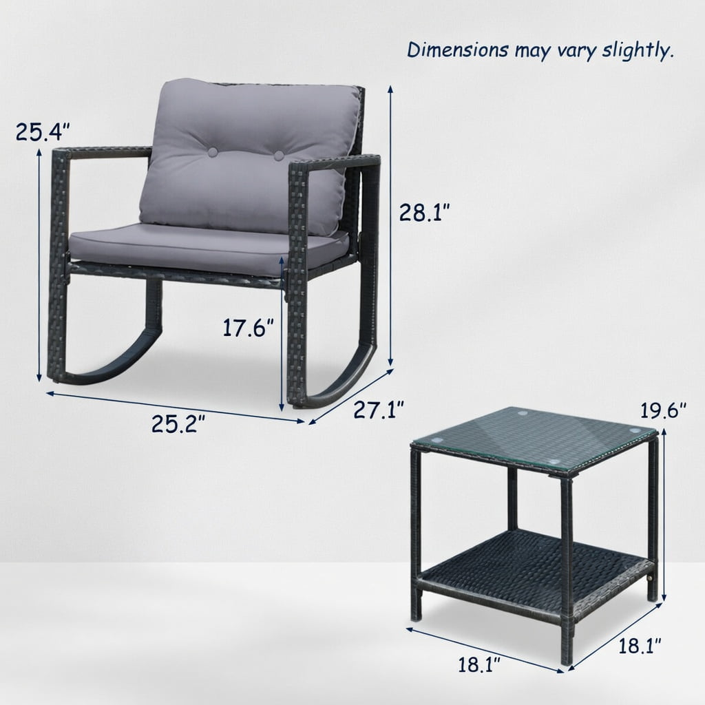 Hommoo 3-Piece Outdoor Rattan Patio Set with Rocking Chairs & Tempered Glass Table, Gray