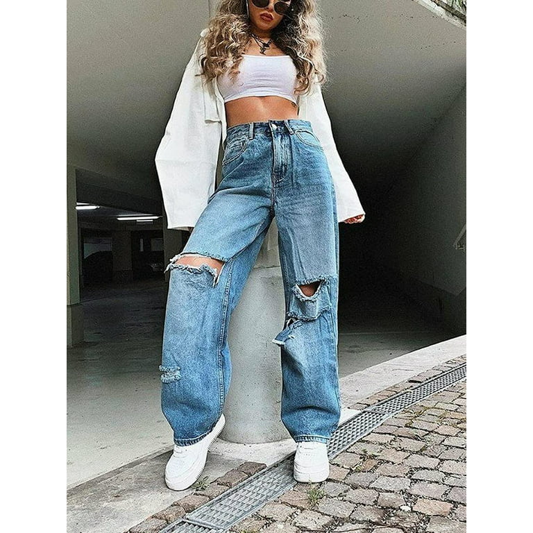 Ma&Baby Women Y2K Wide Leg Jeans High Waist Baggy Trousers Ripped  Distressed Denim Pants 